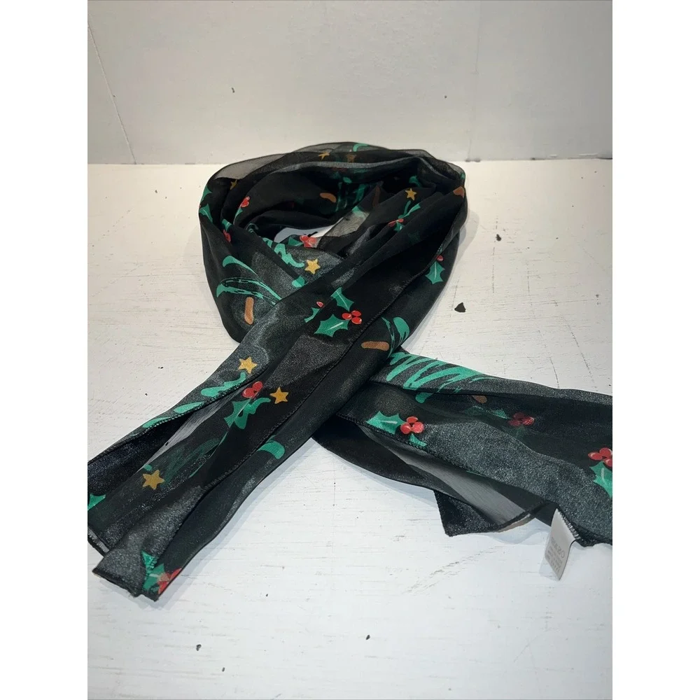 Vintage Woman's black‎ green Christmas tree Floral Christmas Scarf 60
